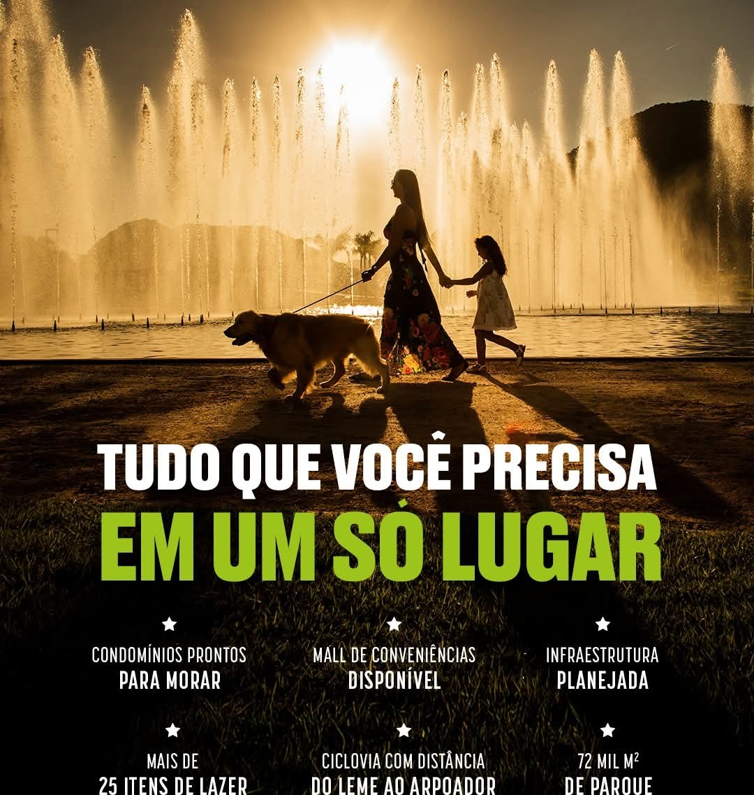 mulher com criança e cachorro dourado caminhando diante de fontes de água ao pôr do sol, arte promocional do b