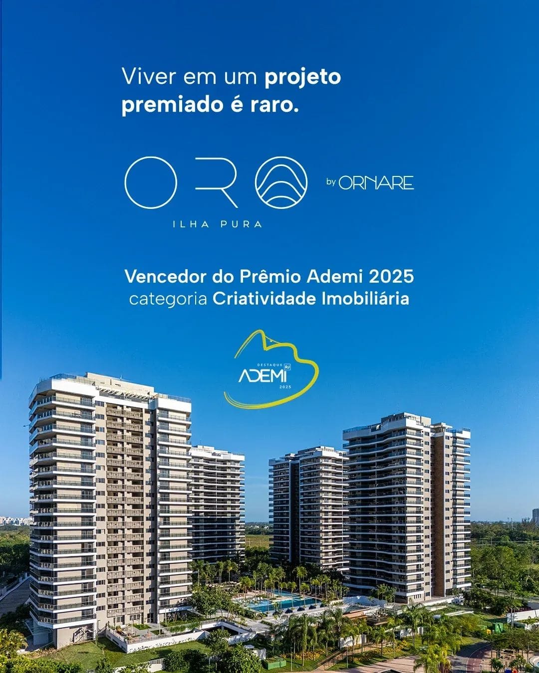 flyer do prêmio Ademi 2025 — categoria Criatividade Imobiliária e selo Destaque Ademi RJ 2025