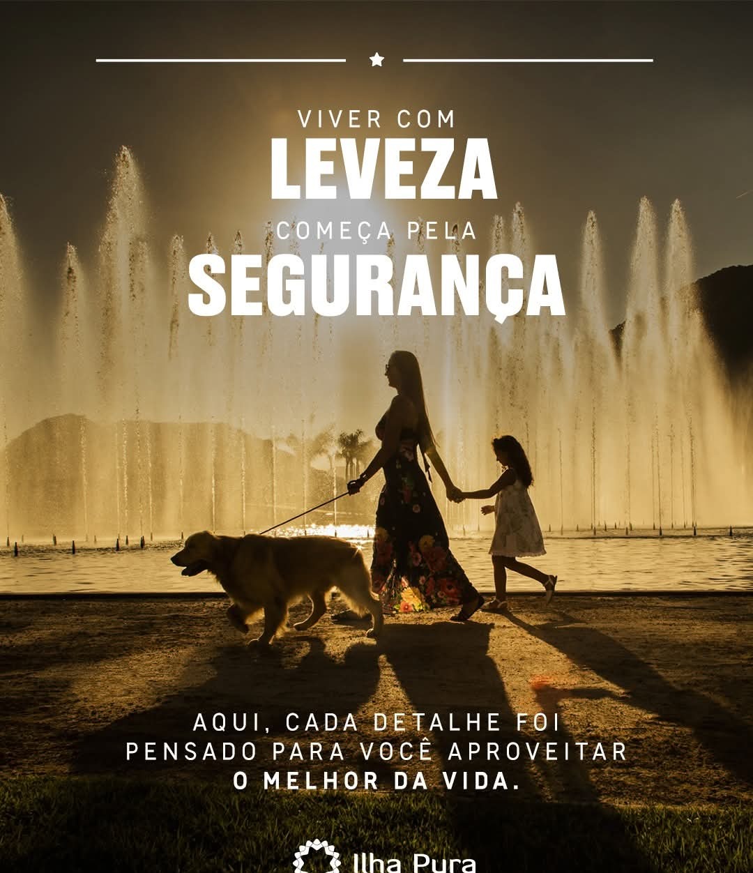 mulher e criança de mãos dadas passeando com um golden retriever diante de fontes de água ao pôr do sol, com t