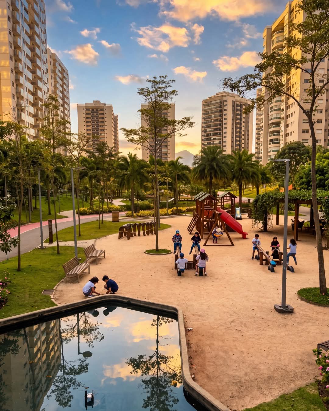 parque urbano ao pôr do sol com playground de madeira, crianças brincando na areia, lago refletindo o céu e pr